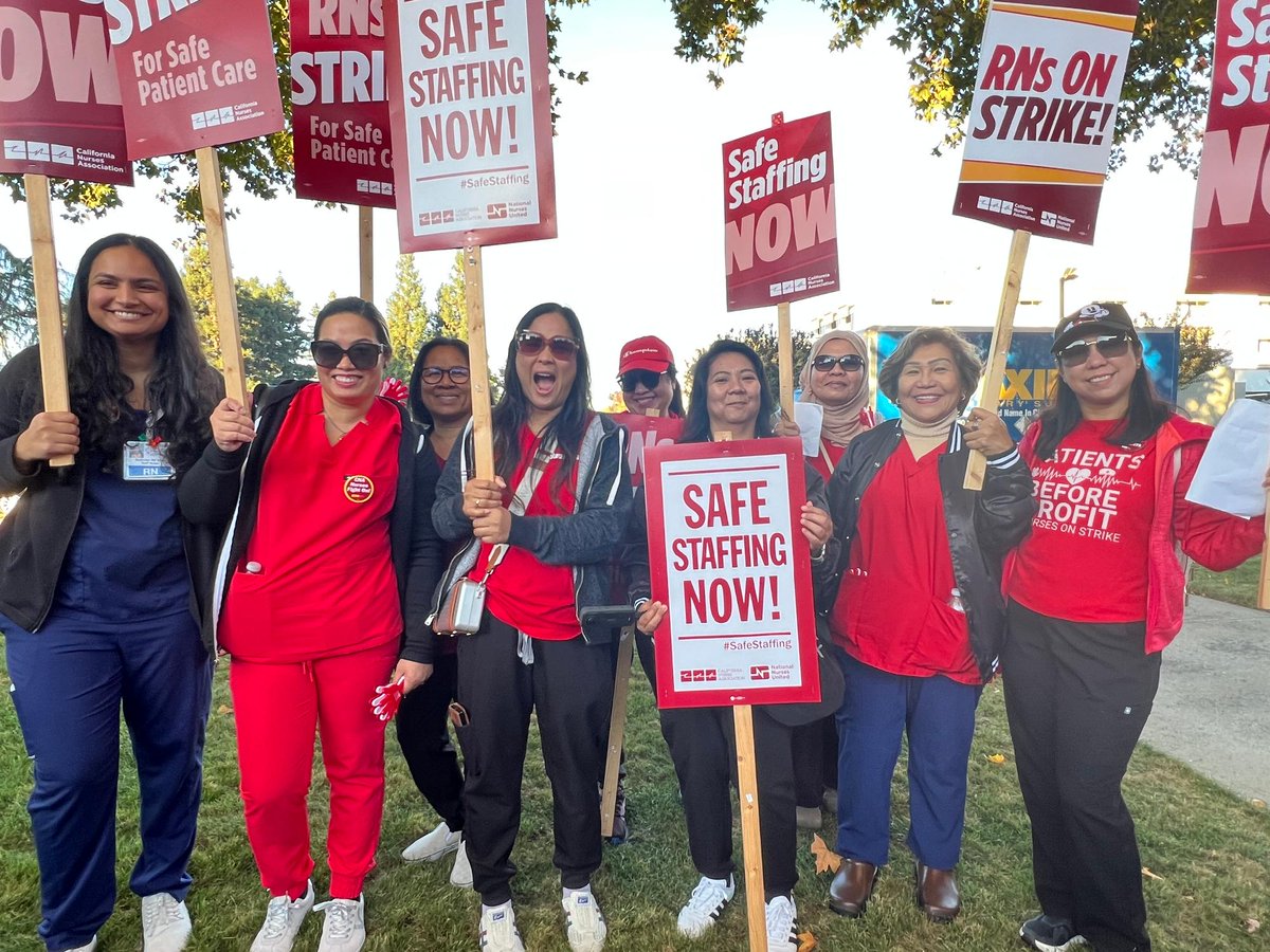 CalNurses's tweet photo. It’s a beautiful day for an #RNStrike for safe staffing and patient care! ☀️
 
Tenet makes billions. We know they have the resources to do the right thing, and union nurses across California won’t back down until they put patient care over profits. https://t.co/t3xhfRIBrM