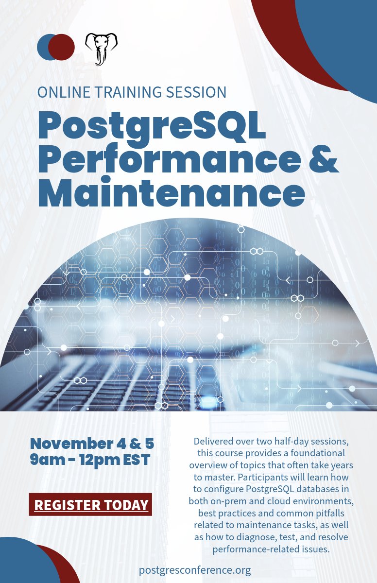 PostgresWorld's tweet image. PostgreSQL tuning made simple.

Join @postgresconf + Grzegorz Dostatni from @CmdPrompt for a hands-on PostgreSQL Performance &amp;amp; Maintenance, Nov 4–5 (9am–12pm ET).

Tame configs, diagnose issues, and tune smarter—on-prem or in the cloud.

Register at: postgresconf.org/conferences/20…