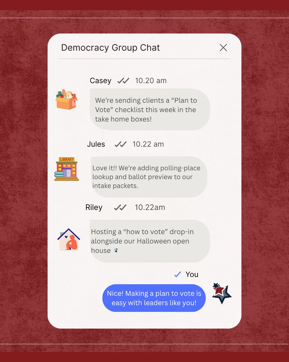 Less than 1 week to go before Election Day: time to change the group chat into voting plans. Don't know where to start? Check out our blog on 8 easy ways to engage your community in GOTV. 

Help your community shape their future &amp; be #voteready 

bit.ly/47Npee1