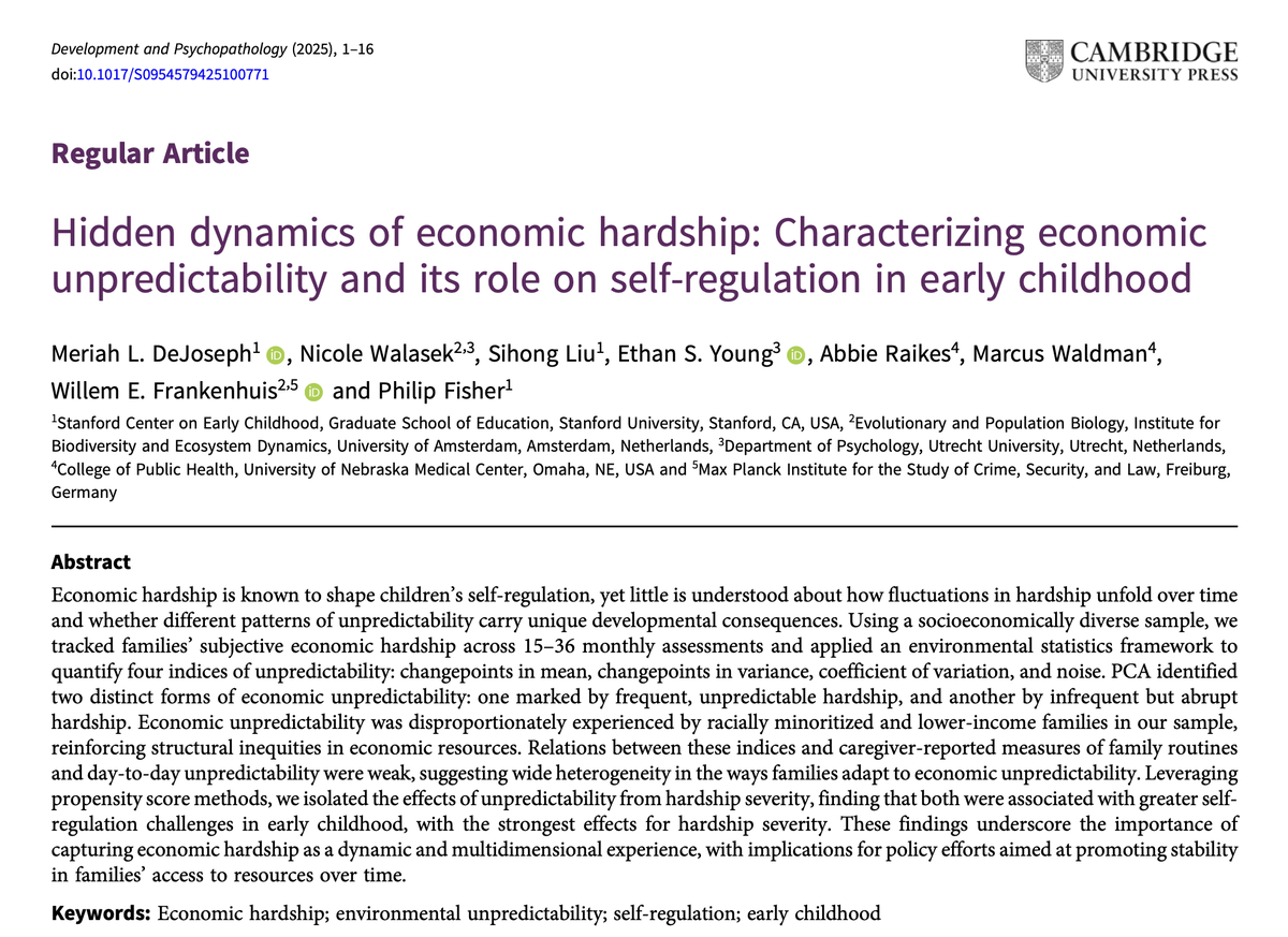 Just published!✨ We tracked families’ experiences of economic hardship over 15+ timepoints &amp; showed that unpredictability – not only severity – shapes young children’s self-regulation. These insights can guide supports that promote stability &amp; adaptation. bit.ly/4oIZO75