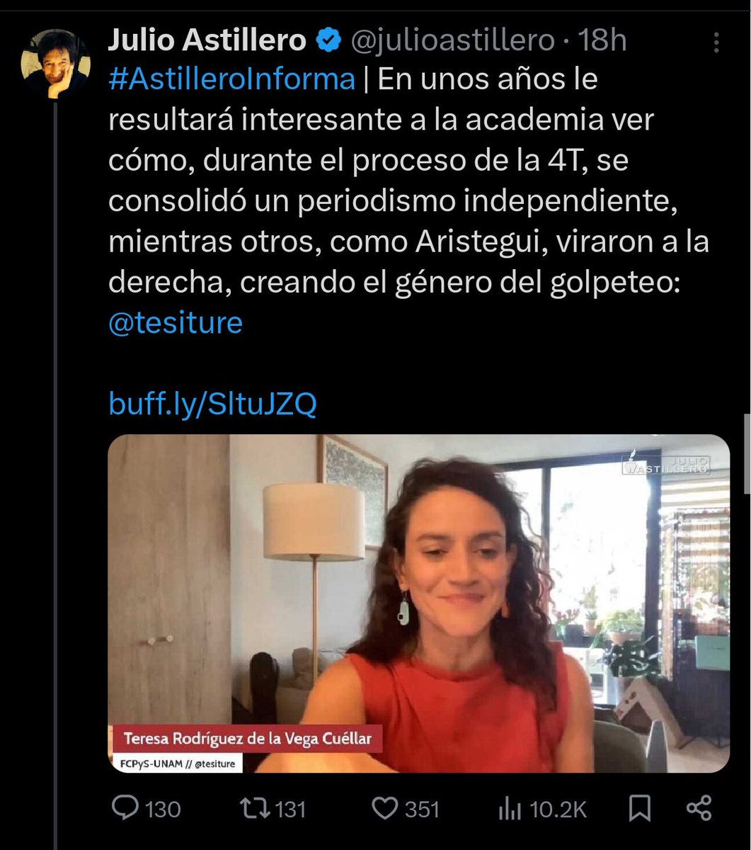 ¿No sé habrá mordido la lengua Teresa Rodriguez DLV? Lo peor es que Astillero y Cia. creen ser muy diferentes a Aristegui, creen ser cercanos a la 4T, cuando en realidad cada vez son más cercanos a la derecha. Sólo hay que recordar que hace poco Astillero retuiteaba a Julio Patán