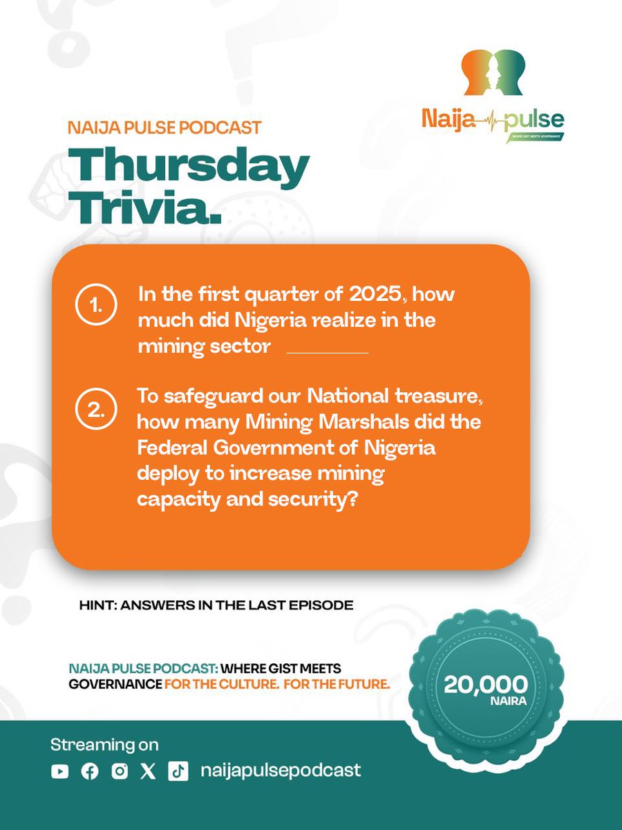 Think you know the Mining sector in Naija? 🇳🇬

It’s time to prove it with #NaijaPulseThursdayTrivia! 💡

🎯 Answer these 2 trivia questions correctly and stand a chance to win ₦20,000 cash prize! 💰

Here’s how to enter:
1️⃣ Subscribe to our YouTube Channel – Naija Pulse Podcast