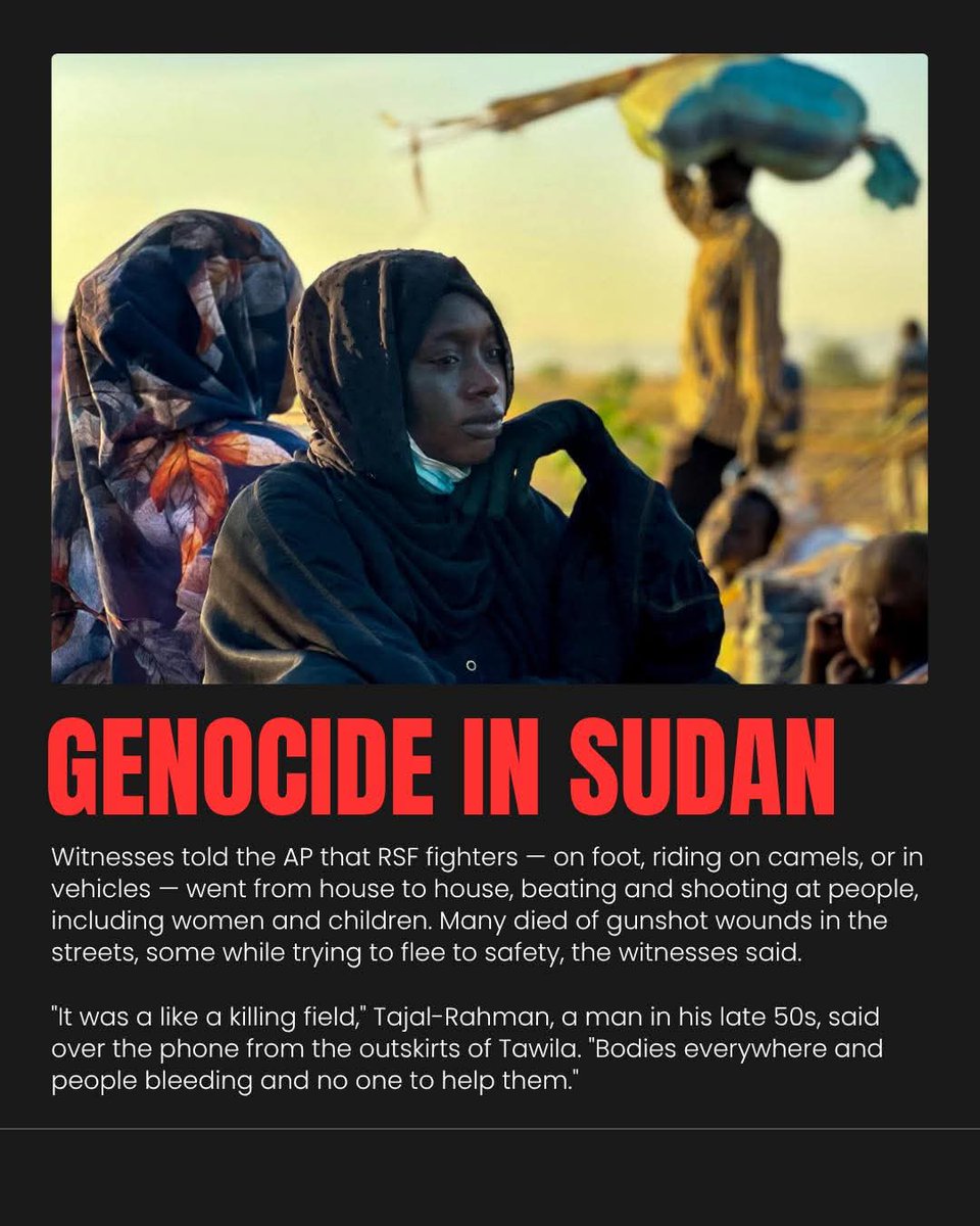 Dominic685Taban's tweet photo. There’s a genocide happening in Sudan. Men, women, and children are being slaughtered, and the world is silent.

No outrage. No mass protests. No hunger strikes. No boycotts. No “actions” on college campuses.

Just silence. Deafening, shameful silence.

https://t.co/UsClPB2clS https://t.co/yF4KtKxiK2