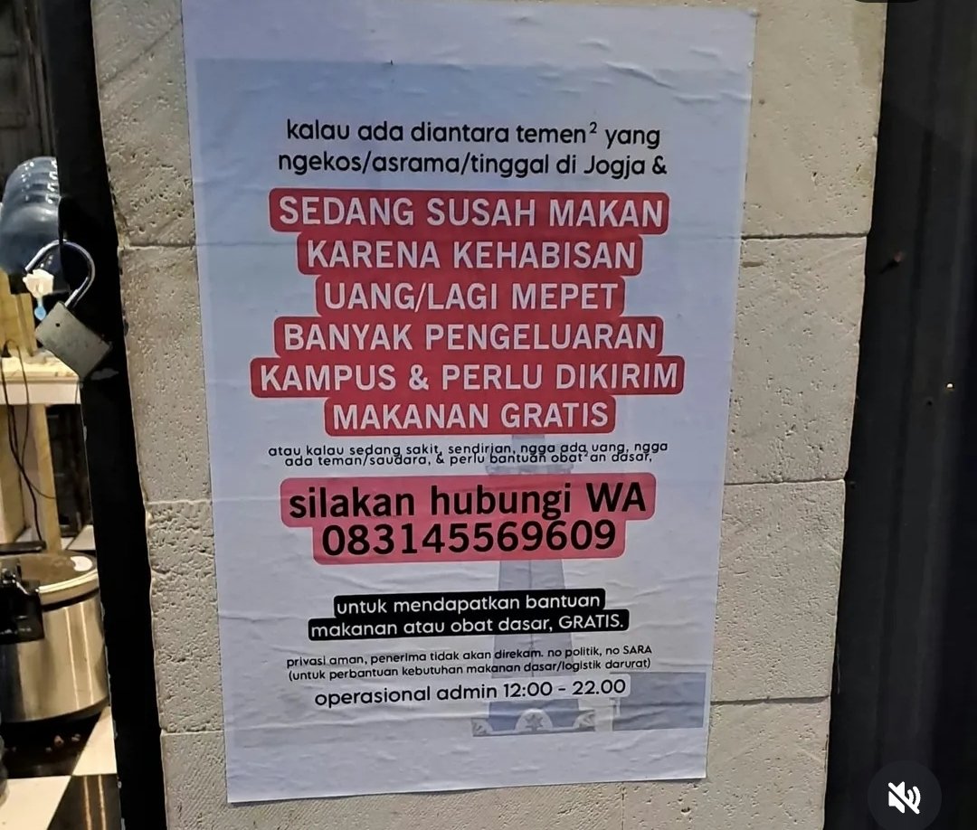 <a href="/rottoens/">Rion.</a> Buat temen² yg rantau di Jogja, bisa hubungi kami ya kalau perlu bantuan makanan, WA 083145569609. Mentemen yg hubungi kami ga akan difoto², ga akan direkam², trus kami upload ke sosmed. Ndak. jadi in case temen² ada yg perlu bantuan ke kami khususnya di Jogja, ngga perlu