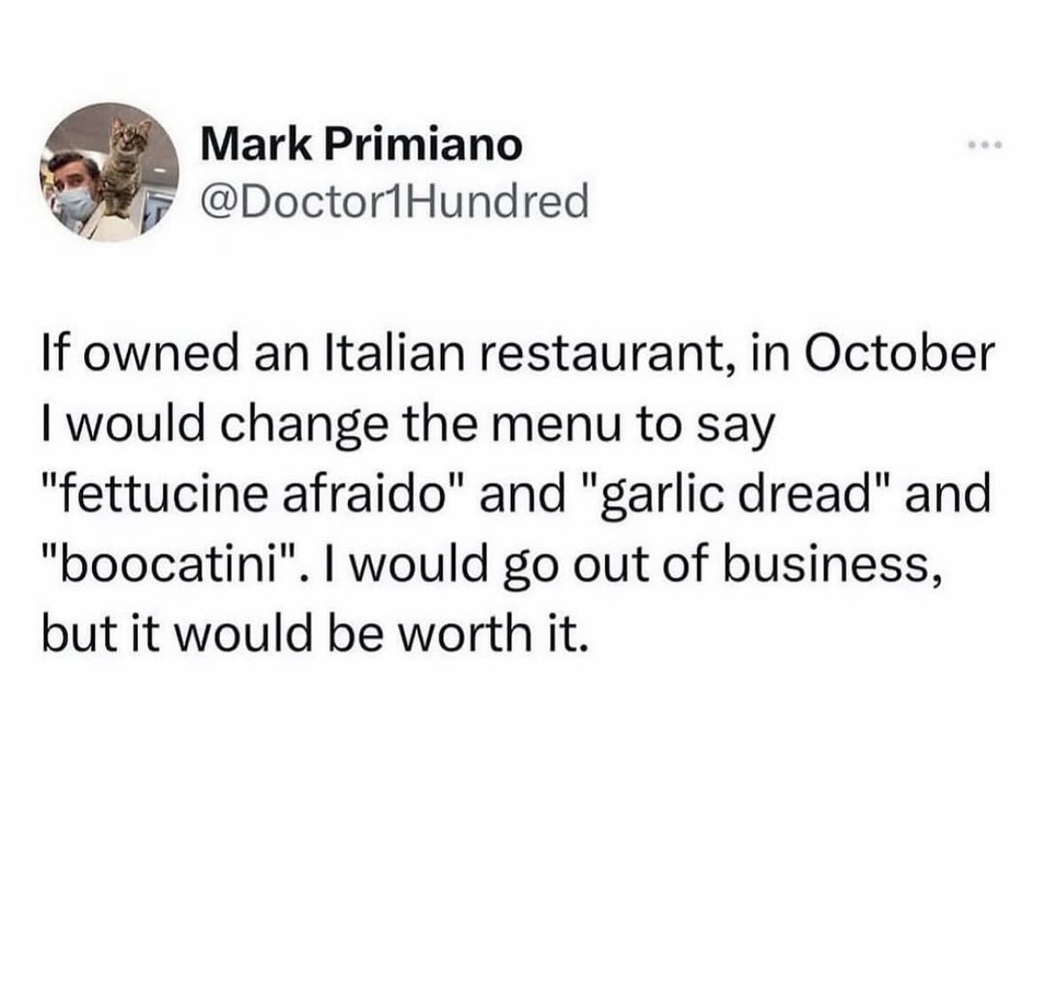 Come and enjoy our spooky “garlic dread” at #Cunettos this Halloweekend 🍝 We will be open and ready to hear your jokes! Booon appetito! 👻🇮🇹