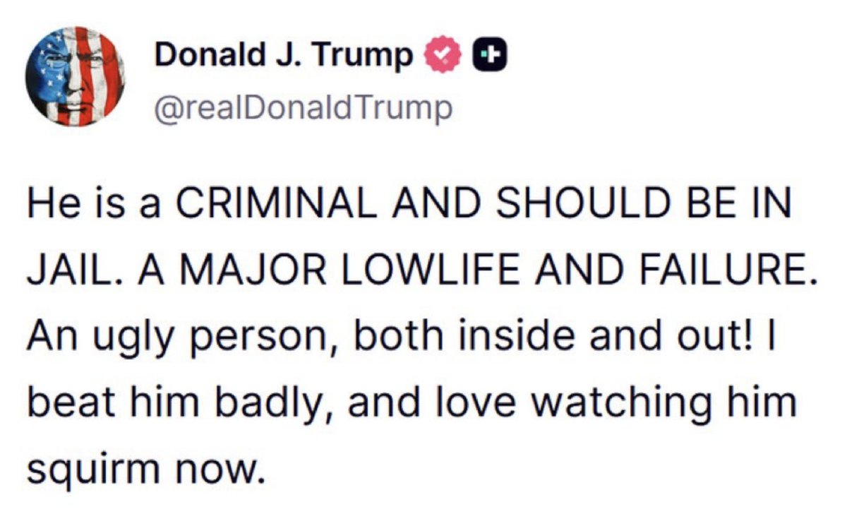 TomoMachi's tweet photo. 末期がんのバイデンについてトランプ、10月30日深夜にTruthに投稿
「あいつは犯罪者だから刑務所に入るべき。最低の人間で、失敗作だ。内面も外見も醜い！　私はあいつに選挙で圧勝した。今、あいつが苦しんでいるのを見るのは最高だ」

実際は有罪判決を受けたのはトランプ https://t.co/h8KPZ86SYE