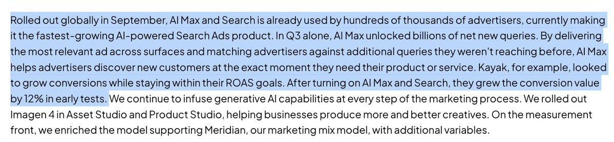 TheRayMyers's tweet image. Important insight from $GOOGL earnings call!

&quot;By delivering the most relevant ad across surfaces and matching advertisers against additional queries they weren&apos;t reaching before, AI Max helps advertisers discover new customers at the exact moment they need their product or…