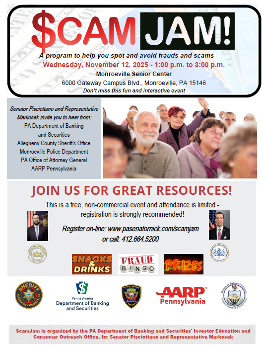 RepMarkosek's tweet image. Join me &amp;amp; @SenPisciottano  for Scam Jam on Wednesday, Nov. 12 at the Monroeville Senior Center. This free, interactive event will teach you how to spot and avoid scams.

Register online here: pasenatornick.com/scamjam