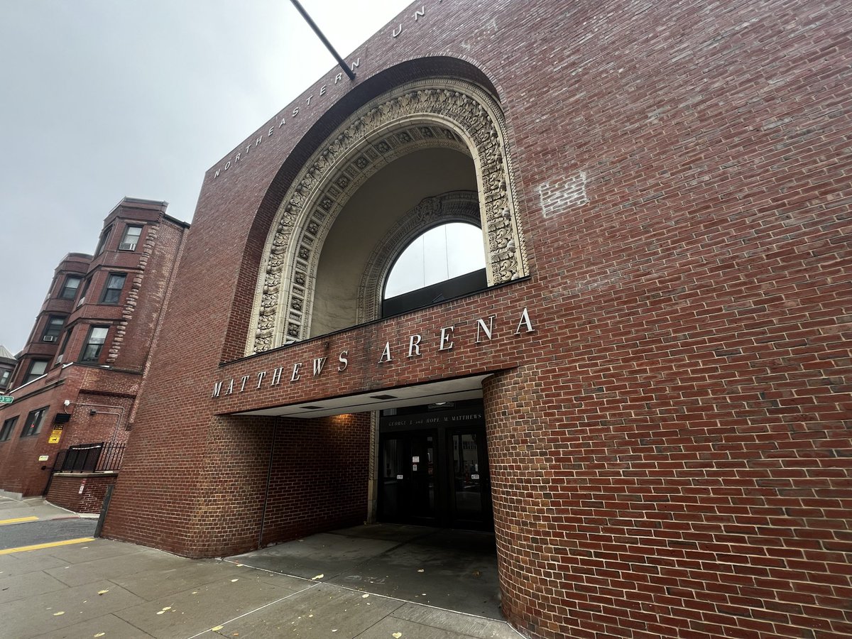 ByMHarrington's tweet photo. Just visited a great old barn. Matthews Arena at Northeastern. Original home of #NHLbruins in 1920. Closing after final games in December. #Sabres Michael Kesselring played here. @Griffs_MBB lost here to Reggie Lewis in NAC final in 1984. https://t.co/bIsivxdzcc
