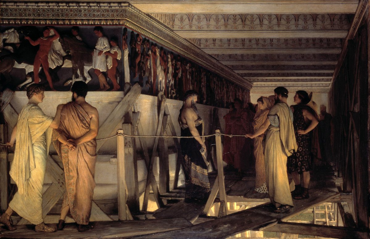 Phidias Showing the Frieze of the Parthenon to his Friends. Artist: Lawrence Alma‑Tadema. Date: 1868. Medium: Oil on canvas. Dimensions: 72 × 110.5 cm. Collection: Birmingham Museums