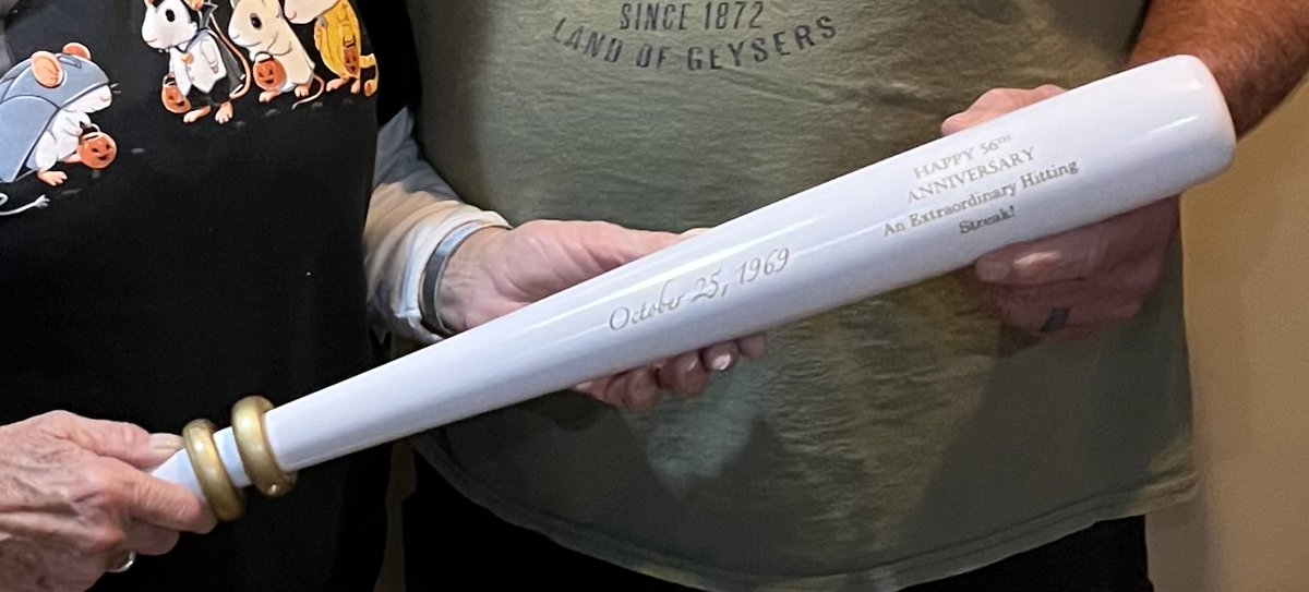 ⚾️ An Extraordinary Hitting Streak ⚾️
Dave &amp; Ann Gandolph are on an Extraordinary Streak as they just recently celebrated 56 Years of Marriage!
Baseball Fans, you’ll know the significance of carving these two rings around a Bat for this milestone!
…hint: Joe DiMaggio is smiling!