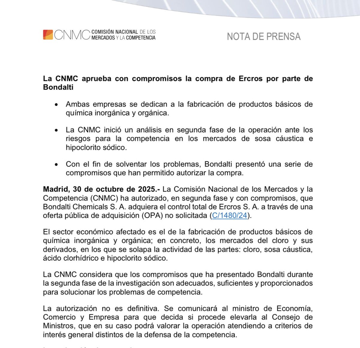 rober_chani's tweet image. #Ercros #ECR 
La CNMC aprueba la OPA de Bondalti con compromisos.

La CNMC finalmente ha considerado &quot;adecuados, suficientes y proporcionados para solucionar los problemas de competencia&quot;.

Parece que los Portugueses sí van en serio a por la empresa.