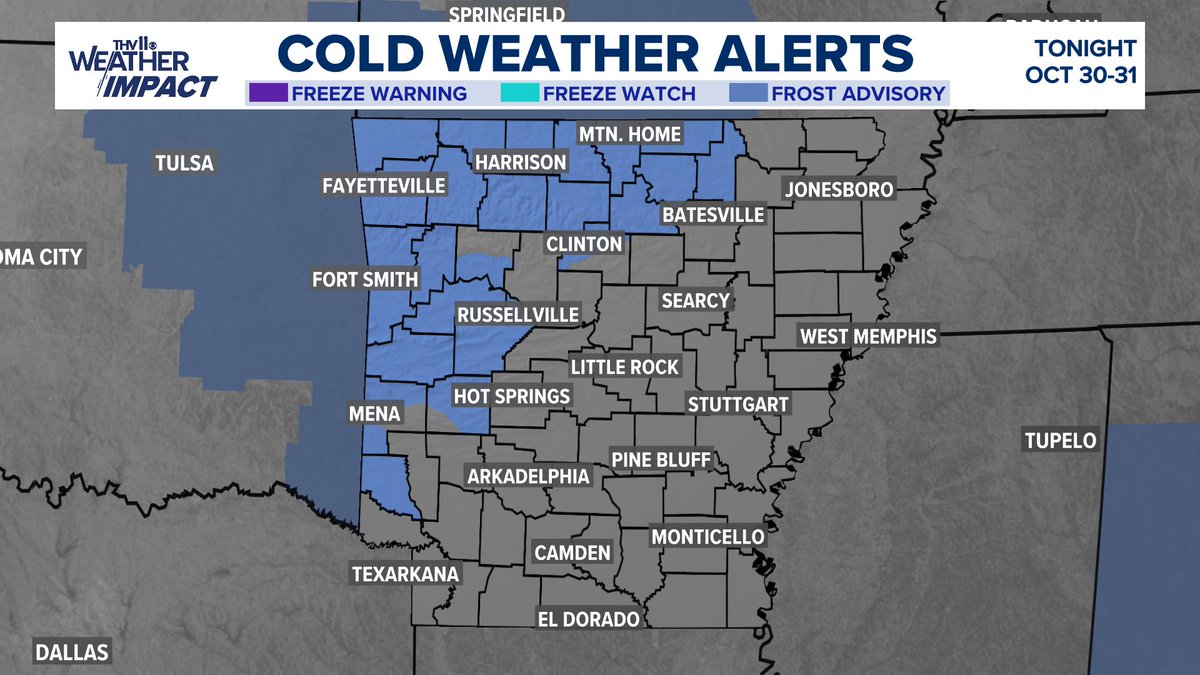 Frost Advisory has been issued for W and NW AR tonight October 30-31. Temperatures will drop into the 30s. Protect sensitive plants!
