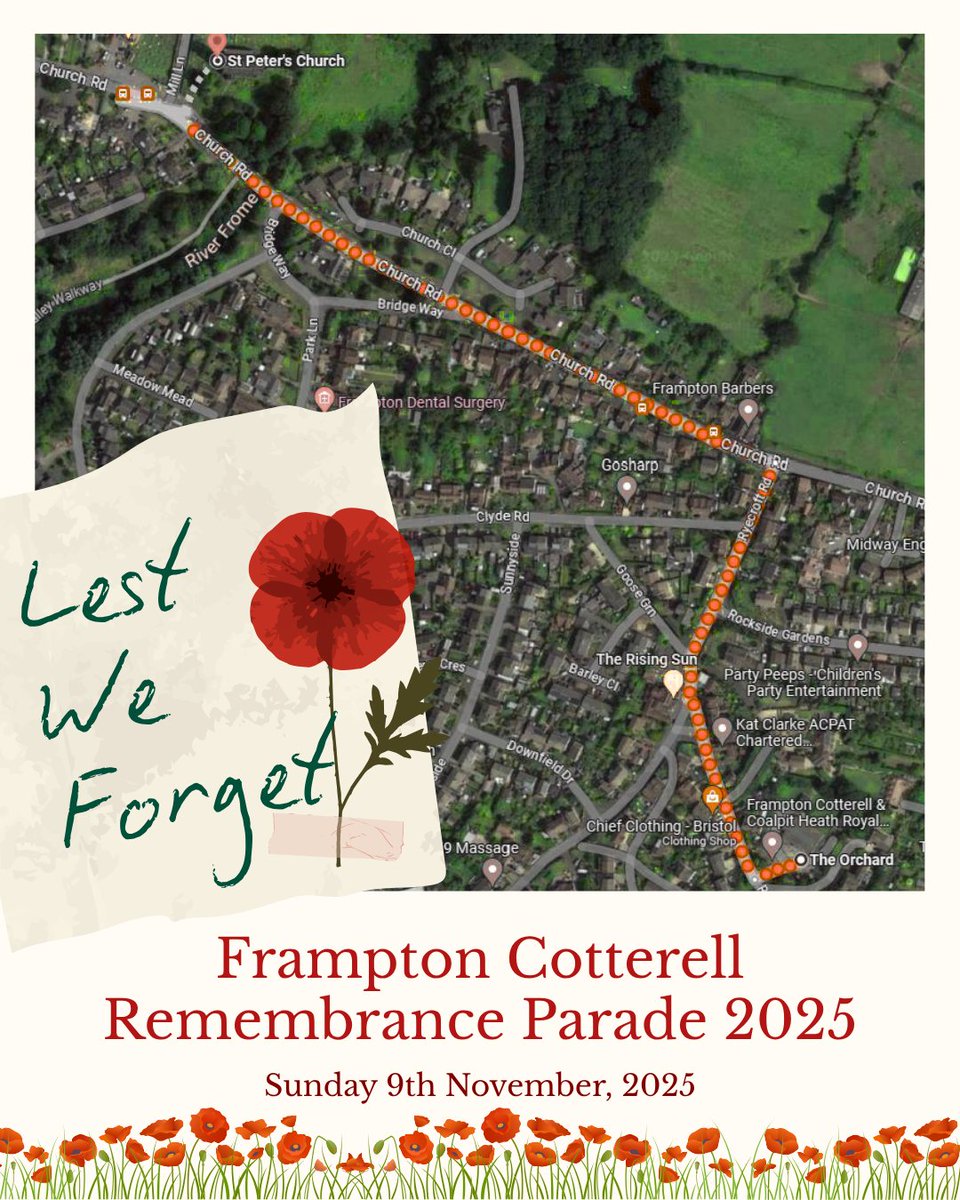 The Frampton Cotterell Remembrance Parade will take place on Sunday 9th November, 2025.

For the parade schedule and route details, visit framptoncotterell-pc.gov.uk/notices/rememb…

#RemembranceDay #FramptonCotterell #RoyalBritishLegion #FCPC #LestWeForget
