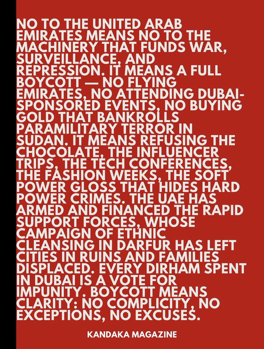 TaharqaTaharqa's tweet image. We are officially boycotting Dubai and the entire United Arab Emirates.
No more silence. No more vacations, no more investments, no more luxury built on blood.
#BoycottDubai#BoycottUAE #StandWithSudan #JusticeForSudan #AfricanUnity #EndForeignInterference #FreeSudan #MaAtRises