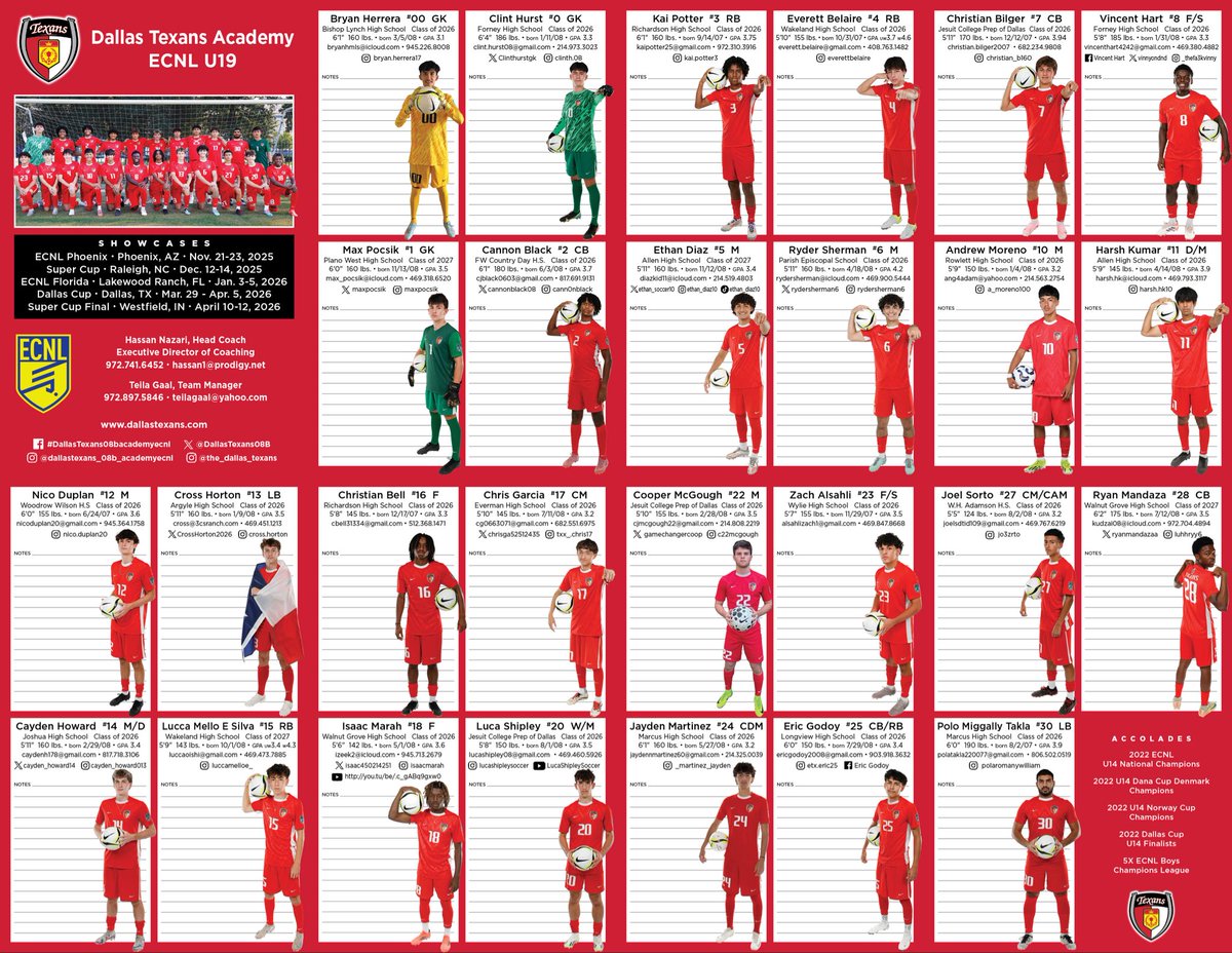 Meet our Players!!! Dallas Texans U19 Academy ECNL ‘25-‘26⚽️⚽️⚽️
<a href="/DallasTexans08B/">Dallas Texans 08B Academy ECNL</a> 
<a href="/DTexansSC/">Dallas Texans Soccer Club</a> 
<a href="/TheDallasTexans/">Dallas Texans</a> 
<a href="/ECNLboys/">ECNL Boys</a> 
<a href="/ImCollegeSoccer/">College Soccer Truth ™</a> 
<a href="/ImYouthSoccer/">ECNL/GA/Recruiting/College Soccer</a> 
<a href="/TopDrawerSoccer/">TopDrawerSoccer</a> 
<a href="/PrepSoccer/">Prep Soccer ⚽️</a> 
<a href="/TheSoccerWire/">SoccerWire</a>