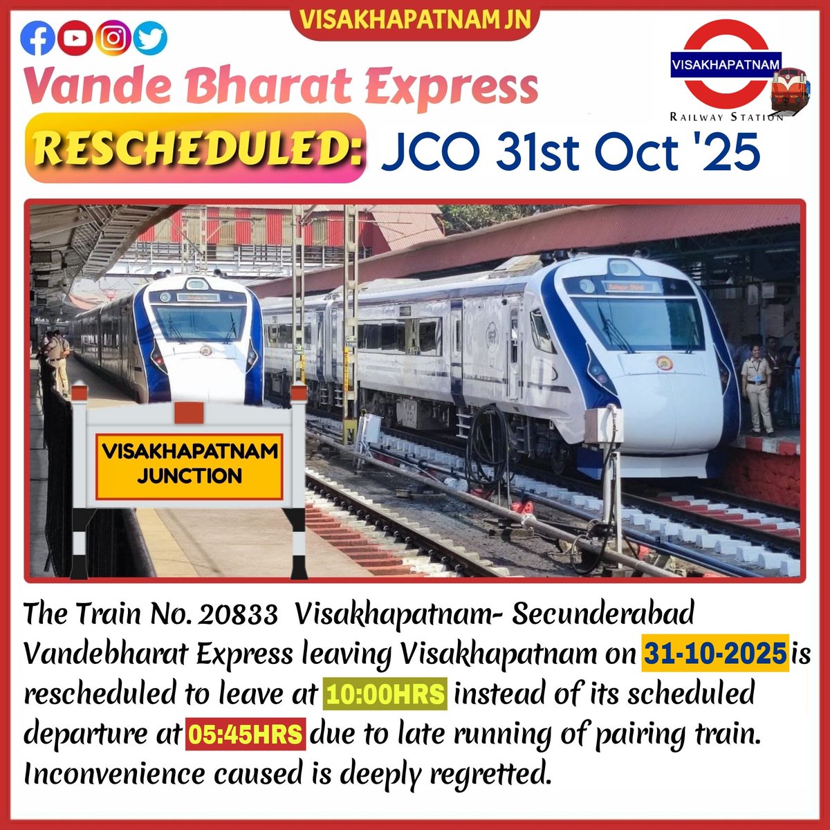 <a href="/ongole_railfan/">Ongole rail</a> <a href="/Visakhavaasi/">Anonymous🍥</a> <a href="/Chikudasji/">Chiku Das, Social Worker (Sabka Das- Chiku Das)</a> <a href="/_Waltair2911/">Random Guy</a> <a href="/shark_mendy/">VIZAG For ALL</a> <a href="/GopiKishorRaja2/">GopiKishorRaja</a> <a href="/VSKPJn/">Visakhapatnam Rail Users</a> <a href="/rail_fan_vskp/">Karun Induri-A Rf From VSKP🙏</a> <a href="/DRMWaltairECoR/">DRMWALTAIR</a> <a href="/drmvijayawada/">Vijayawada Division</a> <a href="/vizaginsight/">Vizag Insight</a> <a href="/Karthikjillella/">🅹🅺 ☯</a> <a href="/13Irvamsi/">RAGHUVAMSI_2002 🚄</a> <a href="/EastCoastRail/">East Coast Railway</a> <a href="/ravitejak07/">Raviteja</a> <a href="/GMSERAILWAY/">GM/SER</a> <a href="/SCRailwayIndia/">South Central Railway</a> <a href="/Eswararao2517/">❤Indian Rail Lover❤🚂🚋🚃🚋🚃🚋🚃❤</a> <a href="/RailMinIndia/">Ministry of Railways</a> <a href="/AshwiniVaishnaw/">Ashwini Vaishnaw</a> <a href="/VizagPanda/">VizagPanda</a> <a href="/eswarkanchu/">Eswar Kanchumurthi</a> <a href="/katam_ss/">Katam SS Chandra Rao</a> <a href="/UttamChakram/">సర్వే సంతు నిరామయాః</a> <a href="/CapitalofAndhra/">Vizag - True Capital of Andhra Pradesh</a> <a href="/VizagBrand/">#BrandVizag</a> <a href="/jinxed_jiggler/">Srinath Tudu</a> <a href="/saptagiriulaka/">Saptagiri Ulaka</a> <a href="/Odisha_Stories/">Odisha Stories</a> <a href="/odisha_tourism/">Odisha Tourism</a> <a href="/SWRRLY/">South Western Railway</a> <a href="/BJP4Andhra/">BJP ANDHRA PRADESH</a> <a href="/RailwaySeva/">RailwaySeva</a> <a href="/narendramodi/">Narendra Modi</a> <a href="/BJP4India/">BJP</a> <a href="/kishanreddybjp/">G Kishan Reddy</a> <a href="/drmsecunderabad/">DRM Secunderabad</a> <a href="/drmhyb/">Hyderabad Division</a> <a href="/PMOIndia/">PMO India</a> <a href="/DRMKhurdaRoad/">DRM KhurdaRoad</a> <a href="/DRMSambalpur/">DRMSambalpur</a> <a href="/DarshanaJardosh/">Darshana Jardosh</a> <a href="/AnupSatpathy/">Babu</a> <a href="/drmgnt/">Guntur Division</a> <a href="/Vskpism/">VISAKHAPATNAMISM</a> Post: 250/25-26

Rescheduling of 20833 VSKP - SC Vande Bharat Express due to late running of the Pairing train. Passengers kindly plan your journey accordingly. Inconvenience is deeply regretted.