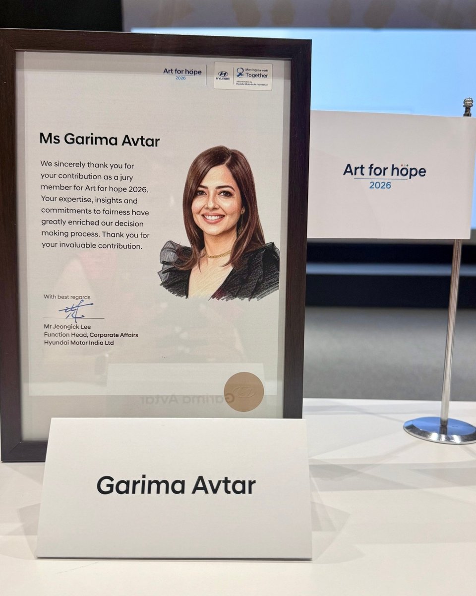 GarimaAvtar's tweet photo. Honoured to be part of Hyundai Motor India Foundation’s Art for Hope – Season 5! 🎨

It’s always inspiring to see how art becomes a language of change — connecting people, stories, and emotions beyond boundaries.

Privileged to share the jury panel with remarkable creative minds — @pt.sajanmisra, @swaraanshsmisra, @aaquibw, @adiarya, and @nikhilchawla — whose insights and perspectives made the experience truly enriching.

Because when we nurture art, we nurture hope.
@hyundaiindia @an_puneet @siddhartha_p_saikia

#ArtForHope #HyundaiMotorIndiaFoundation #ProgressForHumanity #GarimaAvtar #ArtForChange