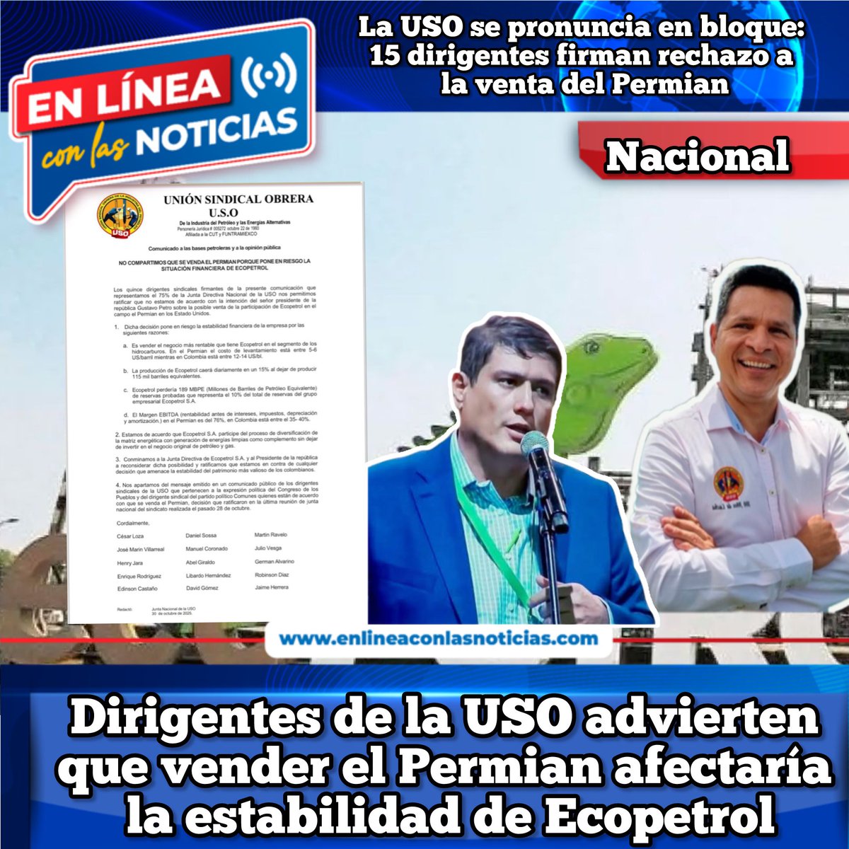 15 dirigentes de la <a href="/usofrenteobrero/">USO Colombia</a> defienden el patrimonio nacional: rechazan la venta del #Permian y llaman a proteger la estabilidad de <a href="/ECOPETROL_SA/">Ecopetrol</a> <a href="/DanielSossa9/">Daniel Sossa</a> <a href="/petrogustavo/">Gustavo Petro</a> 

facebook.com/share/p/1B2Z5A…