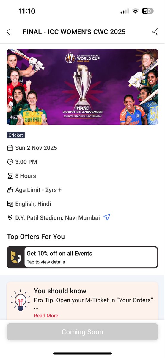 bombaybava's tweet photo. It's still showing coming soon in @bookmyshow for #ICCWomensWorldCup2025 final tickets. Hope they release a few tickets soon! 👀

#indaus #WomensWorldCup2025 #IndianCricket https://t.co/y29bAV81WN