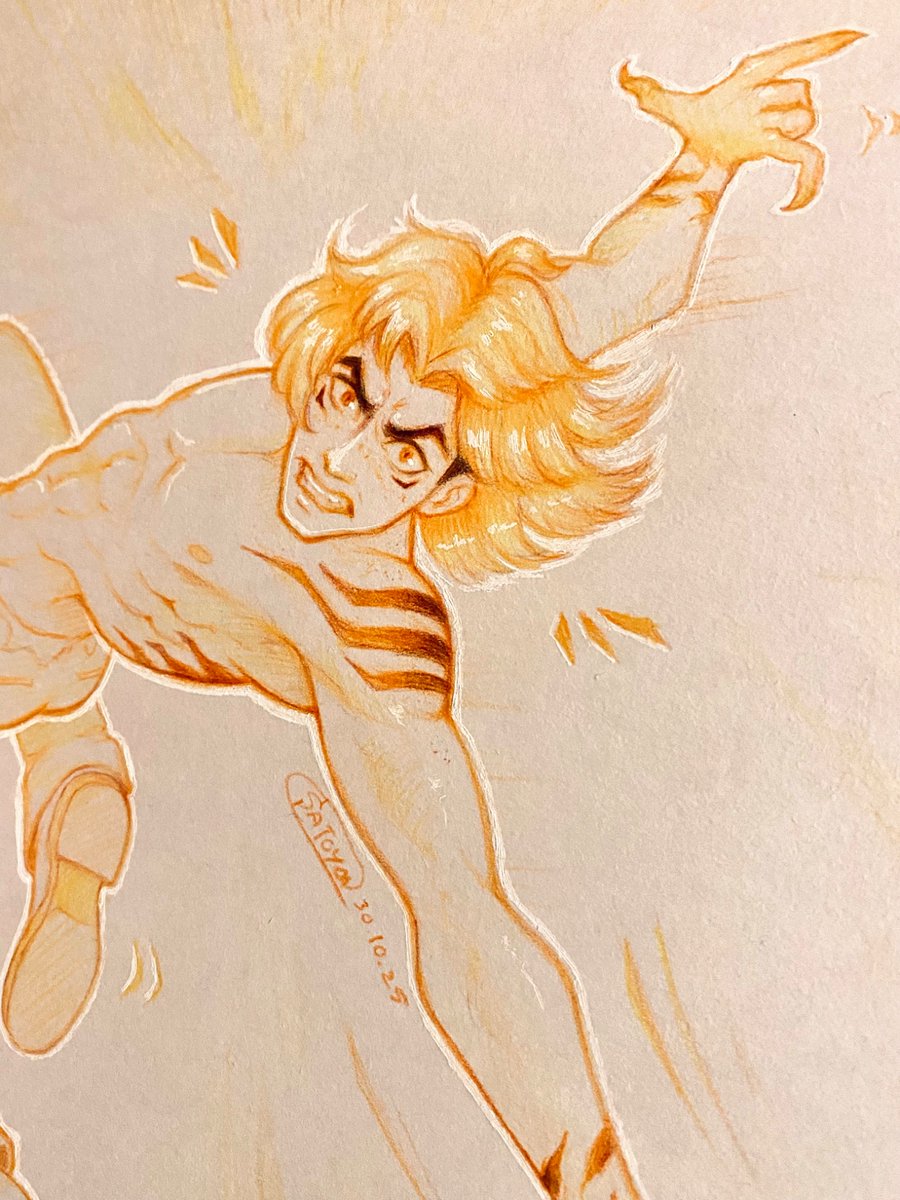 SaToYa_Li's tweet photo. YEEAA ISEN GOOO!!! 🧡🧡🧡
 I love color pencils and white pen 🤌🧡 I know he doesn’t have shoes on in this uniform, but I drew this before the chapter came out 🥲

#unordinary #isen #satoya_li https://t.co/H7lRp6RIdz