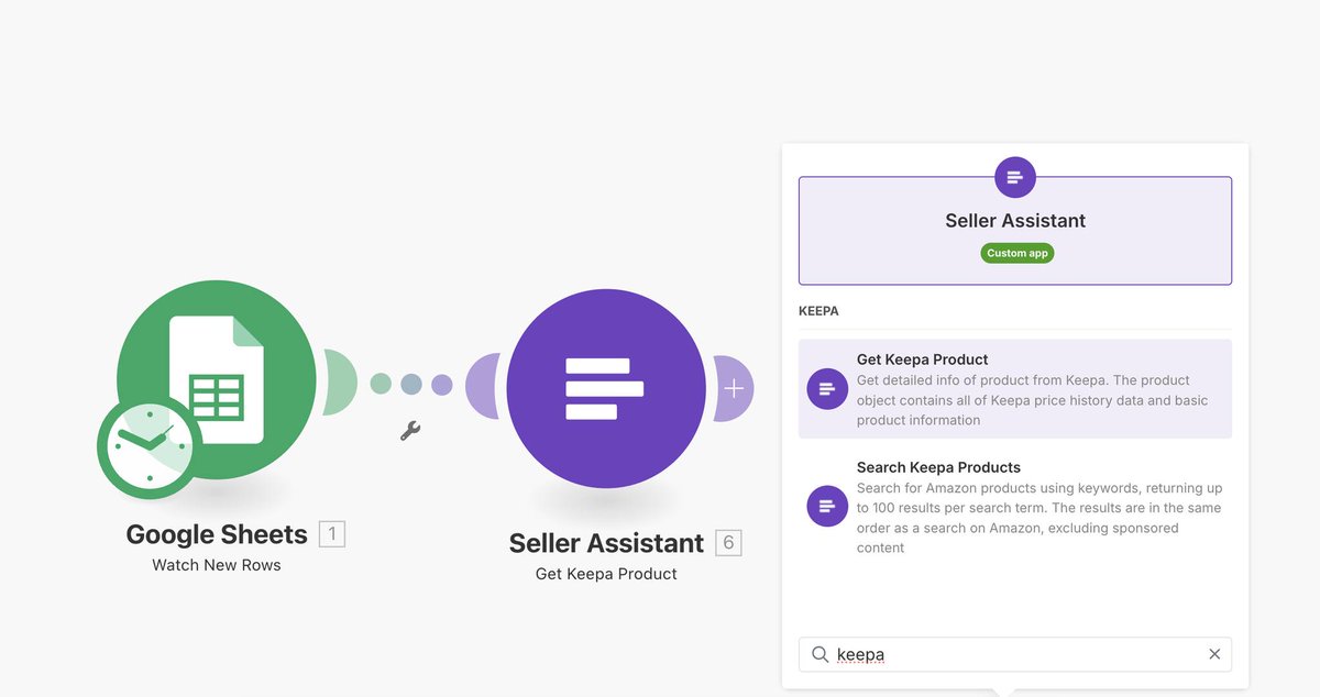We just added Keepa support to the <a href="/SellerAssistApp/">Seller Assistant</a>  app in Make.

Now you can get full Keepa product data like price history and rank drops right in your automations.

For example, take ASINs from Google Sheets, get Keepa info, and send results anywhere.

Easy setup, no coding,
