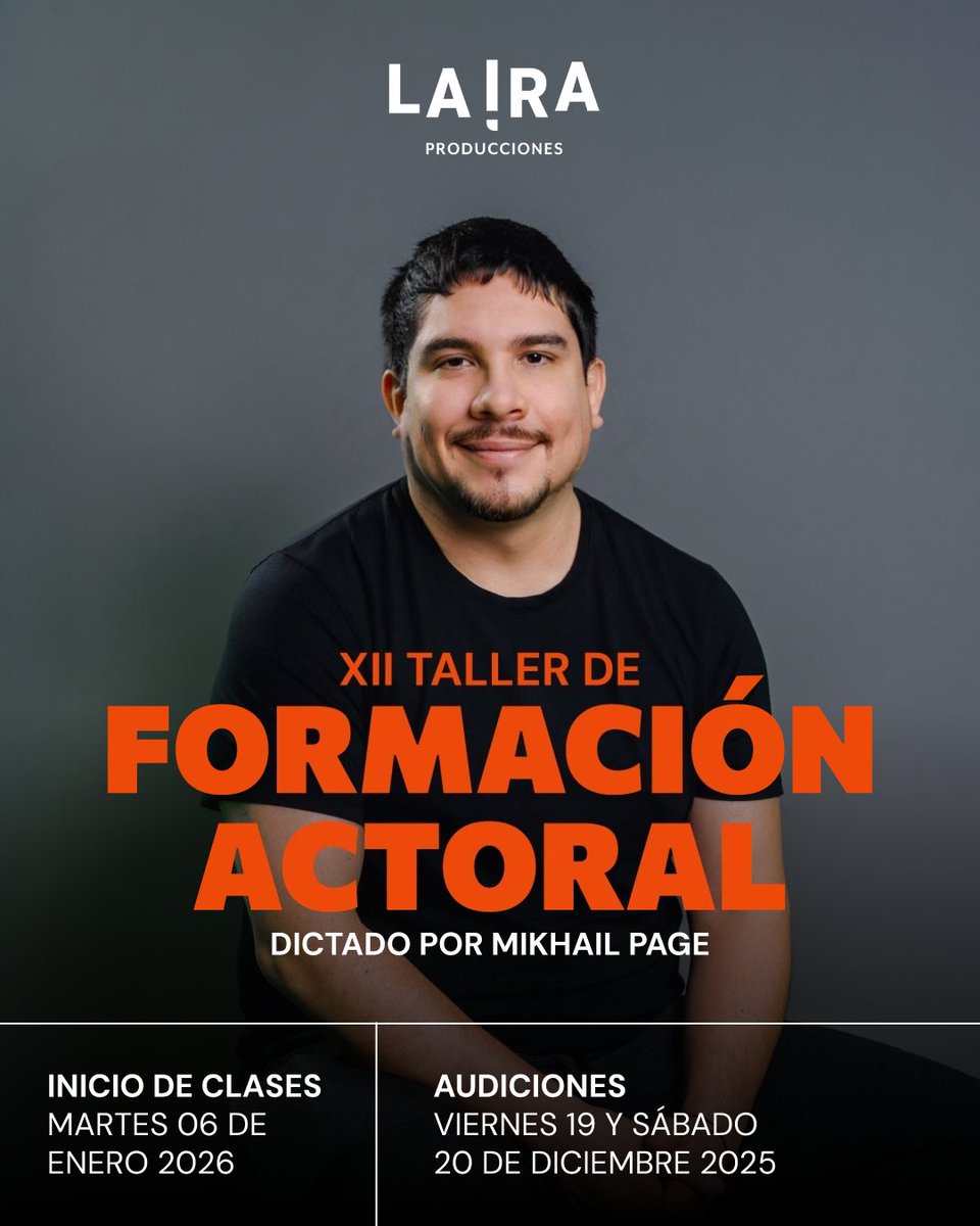 🎭 ¿Sueñas con ser actor o actriz?
¡Este es tu momento! Llegaron las audiciones para el XII Taller de Formación Actoral de La Ira, dirigido por <a href="/MikhailPage/">Mikhail Page</a>, actor y director con más de 15 años de trayectoria, que ha dirigido más de 20 obras.

¡Escríbenos para más información!