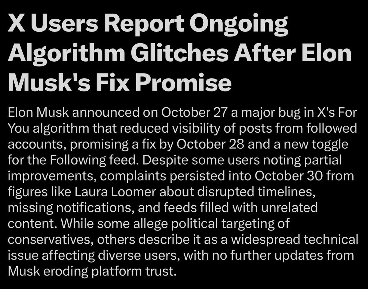 The number 1 news story on X is how horrible the algorithm in

Throttling is insane
“For you” is garbage
Growth is now impossible
Everyone hates it
Liberals are amplified

No joke I gained more followers on Instagram yesterday and I haven’t used it in months, how is that possible