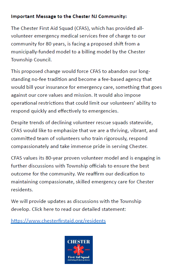 ChesterFAS's tweet image. #ChesterFirstAidSquad Statement on Becoming a Fee-based Agency
#FamilyFirst #FirstResponders #EMS #whatshappening #Chester #NJ #volunteers 
Click Like or Repost if you Support #CFAS