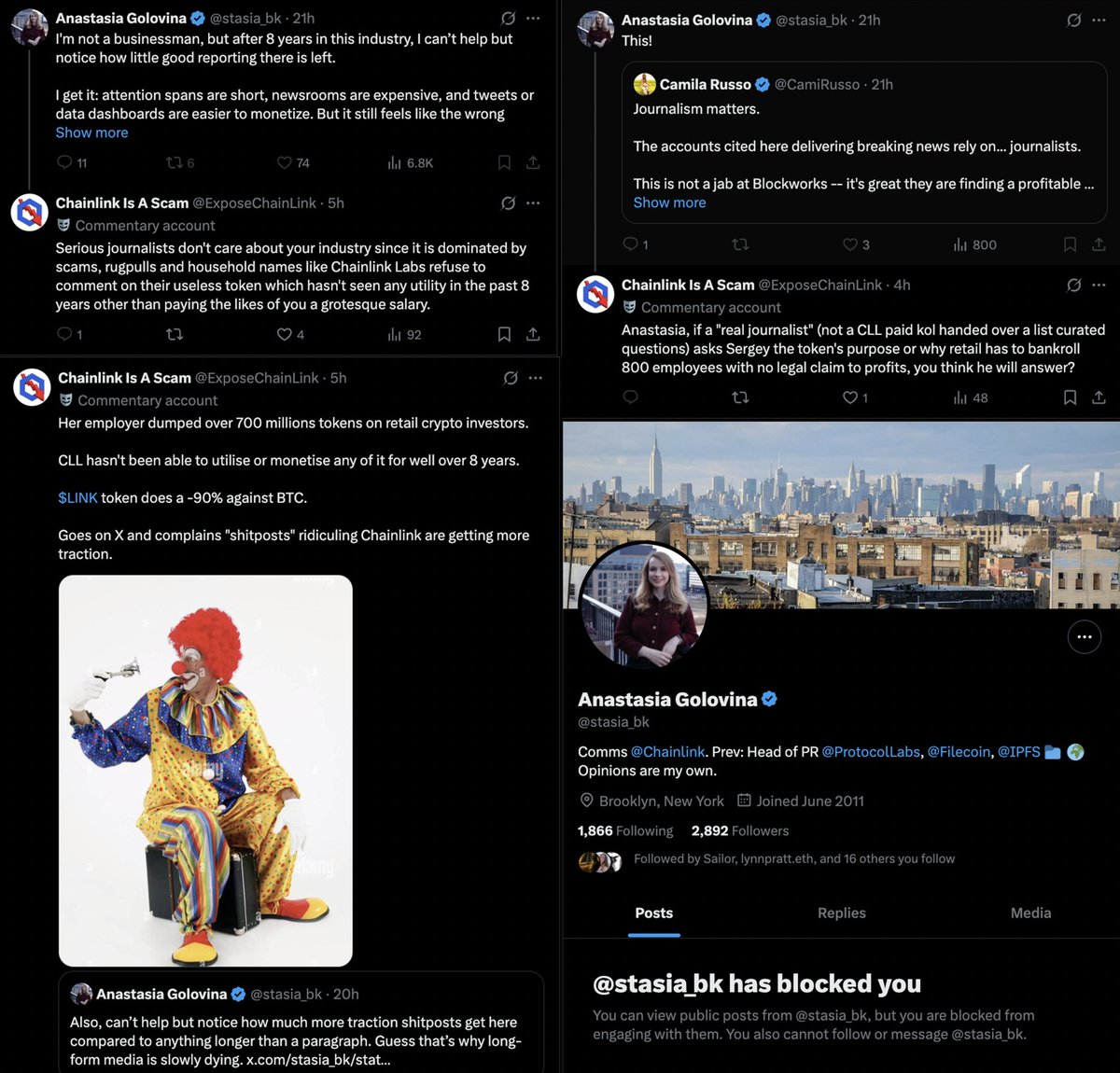 ExposeChainLink's tweet image. Russian national and communications worker at @chainlinklabs Anastasia Golovina (@stasia_bk) is really concerned about &quot;journalism&quot; in crypto. 

Journalism in Russia usually means you get a list of allowed questions and if you go off script you accidentally fall out of a window.
