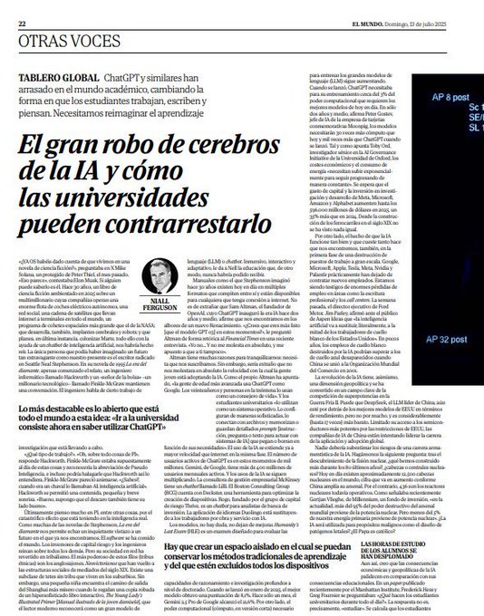 ¿La IA supone un "robo de cerebros" ? 
La IA está transformando la educación   
Reinventar no solo cómo se enseña, sino qué se enseña
Clave desarrollar habilidades que la IA no puede replicar  
El conocimiento ya no es suficiente 
¿Están preparadas las universidades?