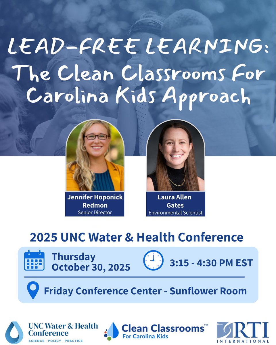 Clean_WaterKids's tweet image. 🚰 Where Clean Water Meets Clear Purpose
This week, the RTI CleanPlus™ and Clean Classrooms for Carolina Kids™ programs joins leaders at the 2025 UNC Water and Health Conference!
Catch our team presenting today!
#UNCWaterandHealth #WASH