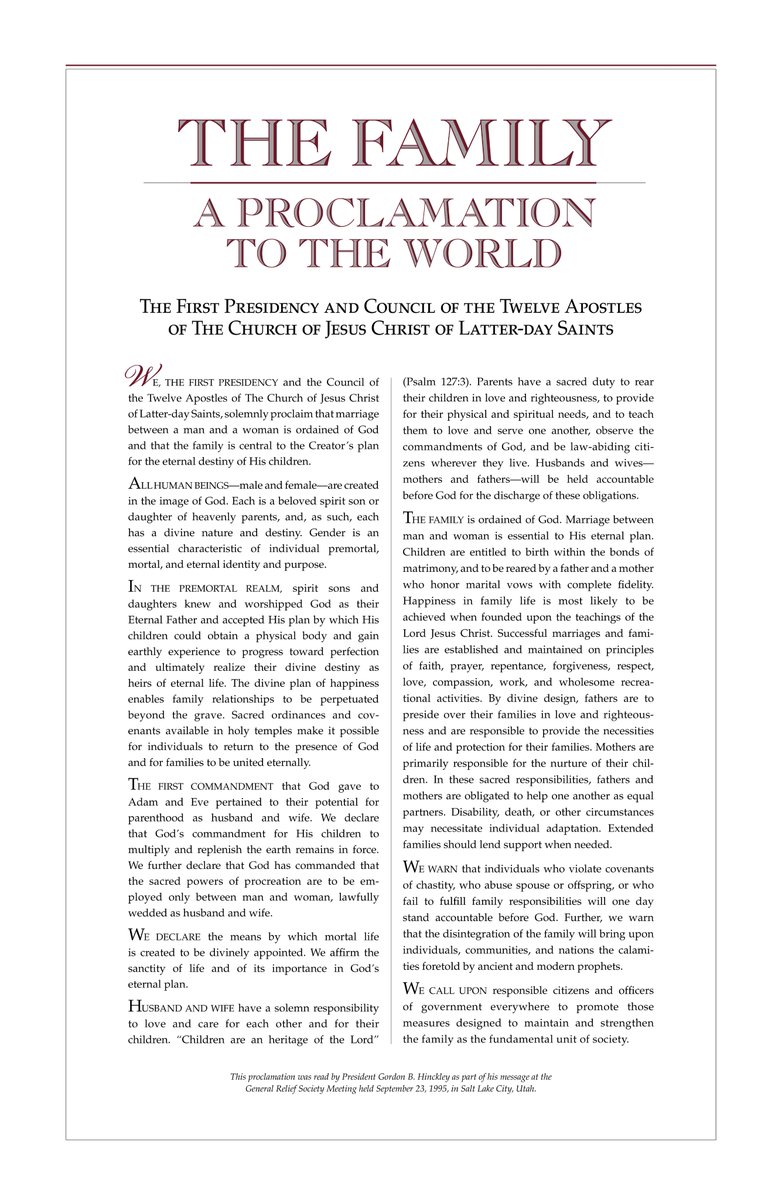 Latterdaytruth's tweet image. Latter-day Saint or not, repost and share if you agree:

-Marriage between a Man and Woman is ordained of God
-Children are entitled to LIFE in a good home
- There are two genders, and they have divine roles

Read The Family: A Proclamation to the World below👇