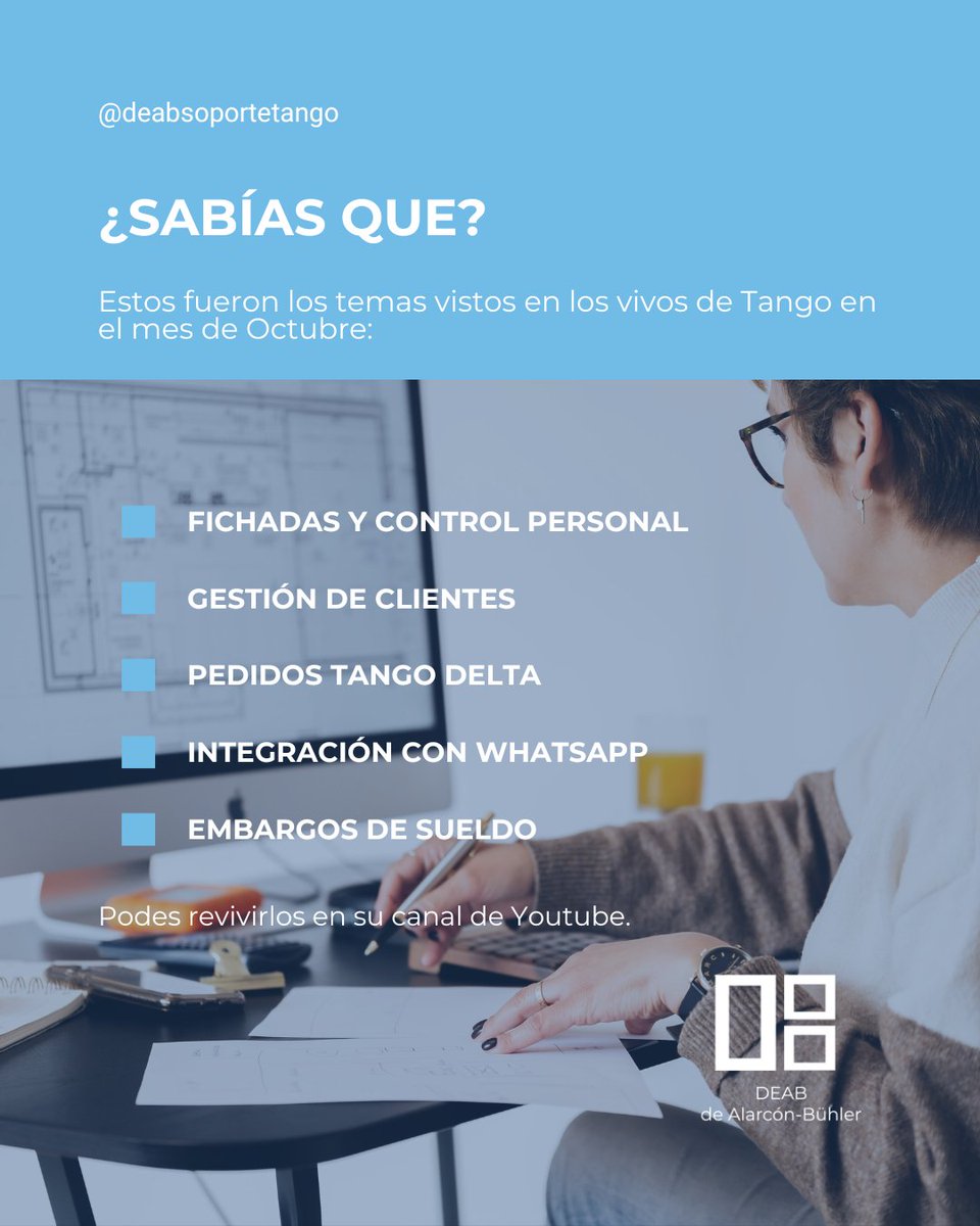 DEABTango's tweet image. ¿SABÍAS QUE?

📢 Estos fueron los temas vistos en los vivos de Tango en el mes de Octubre:

🟦Fichadas y Control personal.
🟦Gestión de clientes.
🟦Pedidos Tango Delta.
🟦Integración con WhatsApp.
🟦Embargos de Sueldo.

🔴 Revivirlos en YouTube.

#tangosoftware #soportetango