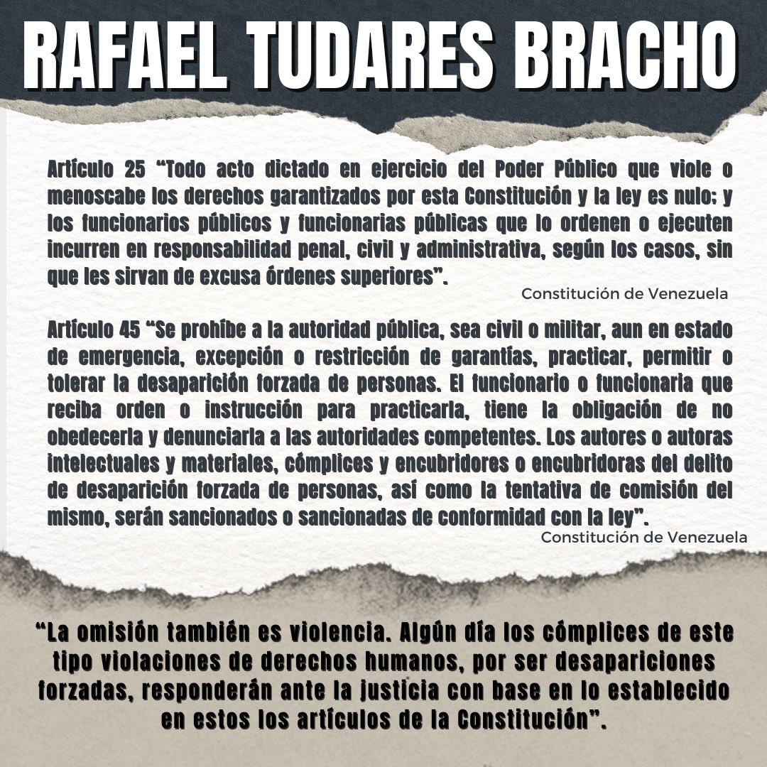 296 días. Mi esposo Rafael Tudares Bracho continúa desaparecido tras su detención arbitraria.

He acudido a todas las instancias del Estado que deberían proteger, investigar y garantizar justicia. En todas he encontrado complicidad, indiferencia, crueldad y omisión institucional.