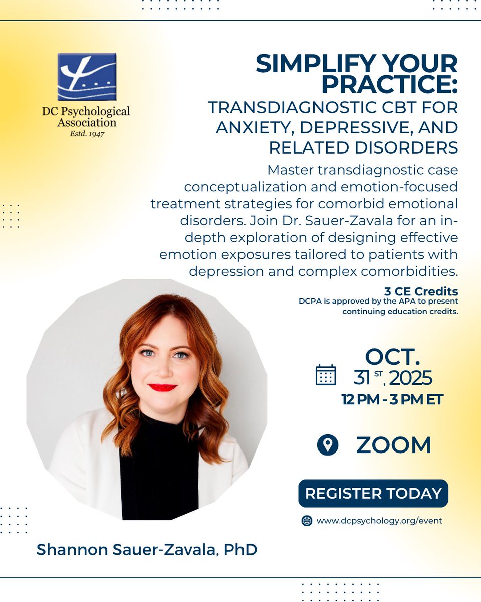 DCPsychAssoc's tweet image. Join Dr. @sauerzavala for an in-depth exploration of transdiagnostic case conceptualization and emotion-focused treatment strategies for comorbid emotional disorders. 

Visit the Linktree in our bio to secure your spot!