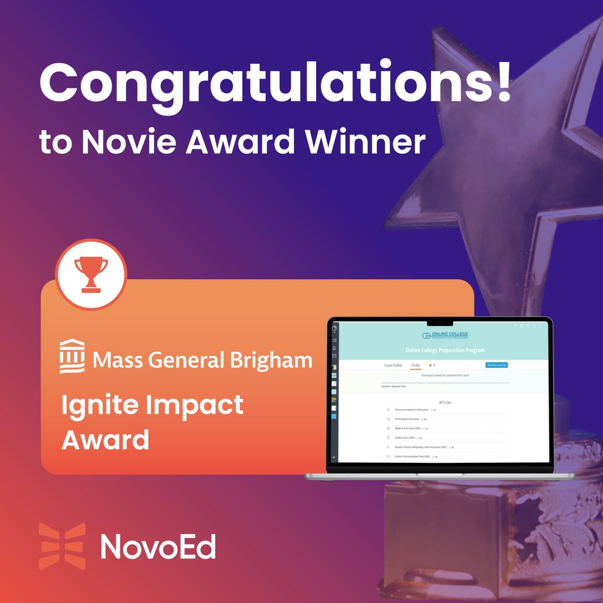 GoNovoEd's tweet image. 🔥 Congrats to @MassGenBrigham: winner of the Ignite Impact Award at the 2025 #NovieAwards!
Their Online College Prep Program helps employees prepare for degree &amp;amp; certificate programs
Hosted by @NovoEd at #Campfire2025
hubs.ly/Q03QQRp50
#LearningForAll #TalentDevelopment