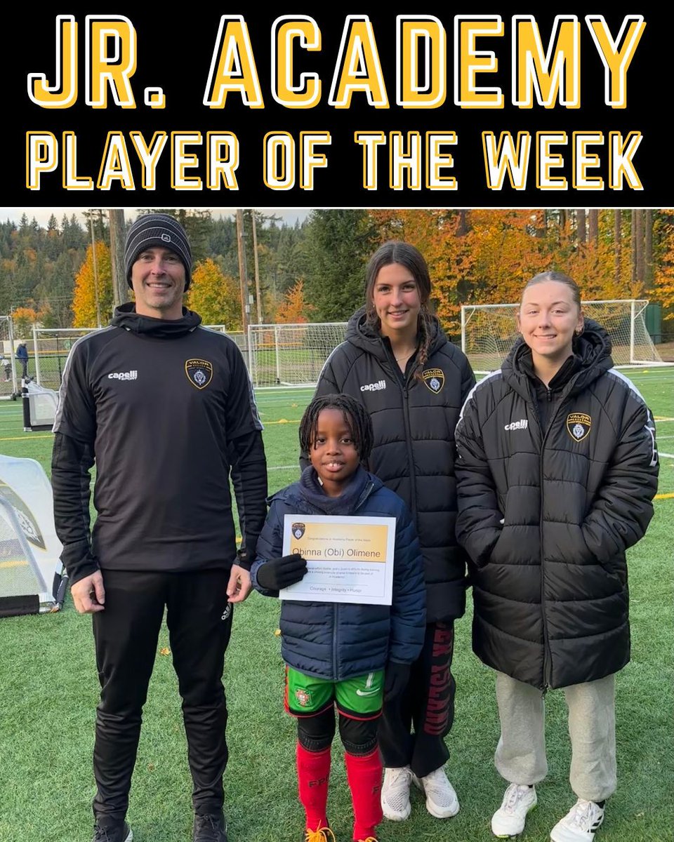 📣 Congratulations to Obinna O., our Junior Academy Player of the Week! 📣

Obi is a strong attacker and gives his best effort every time he’s on the field. His positive attitude and energy make him a joy to coach. ⚽

#WeAreValor #PlayeroftheWeek #JrAcademy #YouthSoccer #Soccer