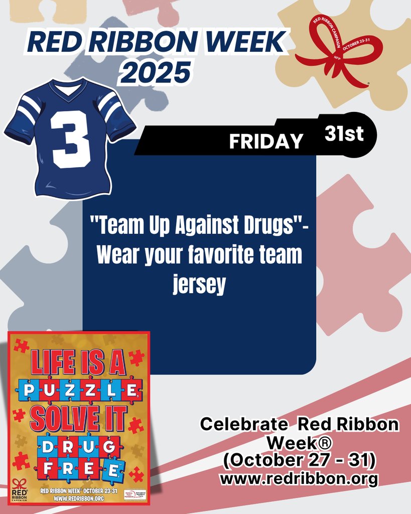NEMiddle's tweet image. 🏈⚾🏀 Final Day of Red Ribbon Week!
💙 Friday’s Theme: “Team Up Against Drugs”
➡️ Show your spirit by wearing your favorite team jersey—together, we’re stronger!
#4theT #RedRibbonWeek