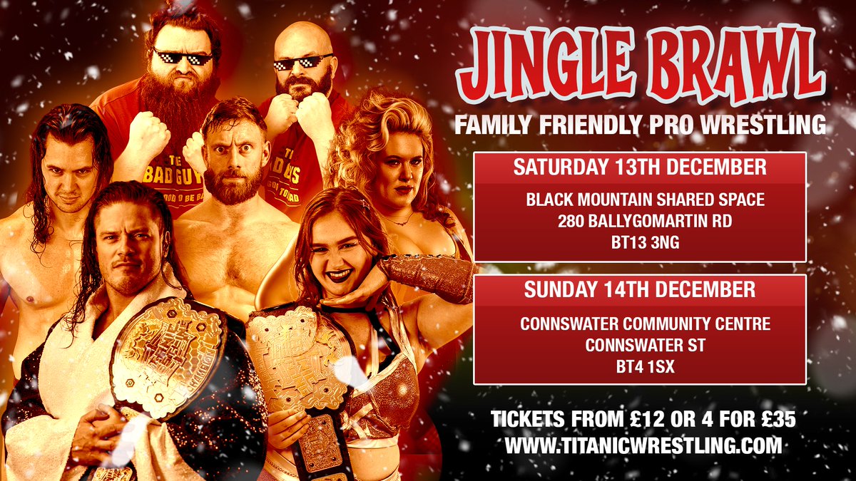 Titanic Wrestling returns this December with our last two shows of the year!

Saturday 13th December - Black Mountain Shared Space 

Sunday 14th December - Connswater Community Centre

Save 20% on tickets if you buy before November 20th!