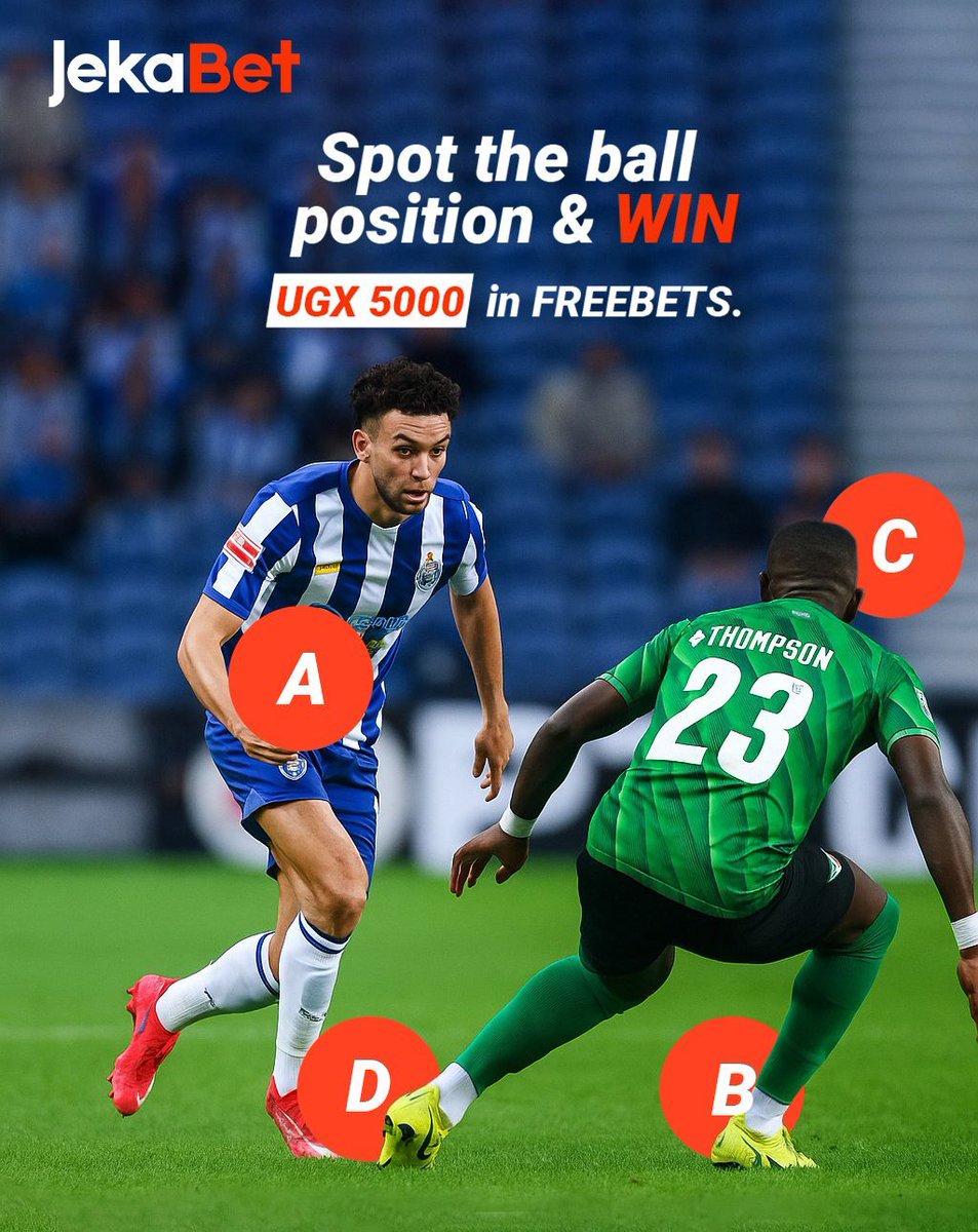 Jekabet_ug's tweet photo. 𝗕𝗮𝗻𝗮𝗻𝗴𝗲, this one’s easy money!  
Spot the ball &amp; win a ka 5K in FREEBETS. 💰  

30 lucky champs will eat good! — Just:
📲 Follow
❤️ Like &amp; Repost  
👥 Tag your football wingman  
💬 Drop your guess (A, B, C or D)  

#jekabetug | #SpotTheBall | #YourGameYourWay https://t.co/F9BAmFKRnx
