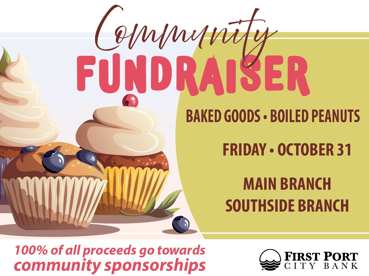 portcitybank's tweet image. 🍰🥜 Join the First Port City Bank team for our Community Fundraiser Bake Sale &amp;amp; Peanut Sale this Fri, Oct 31!
🕘 Bake Sale 9AM | 🕚 Boiled Peanuts 11AM
💯 All proceeds support local families &amp;amp; schools.
THANK YOU for helping us give back! ❤️

#CommunityStrong #FPCB #GiveBack