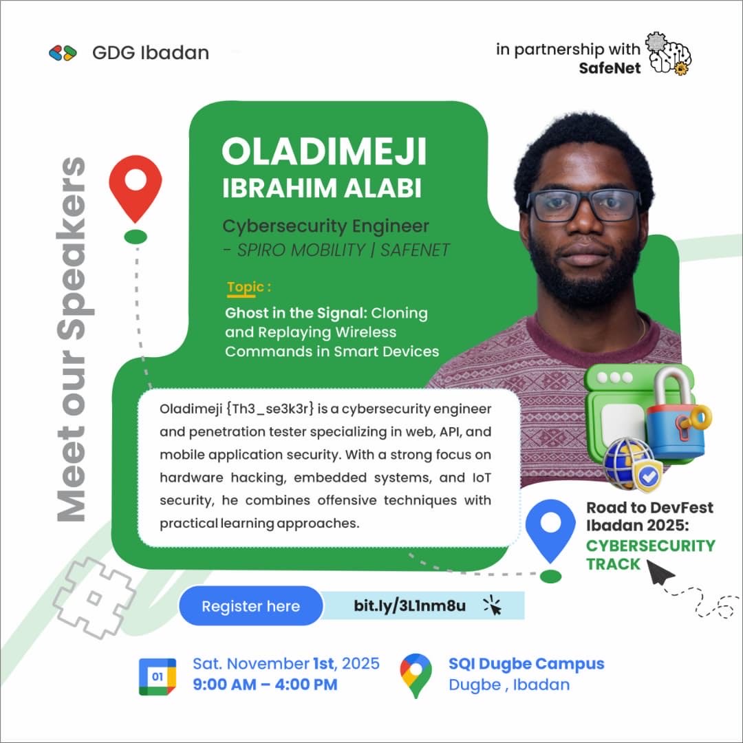 WeSafeNet's tweet image. Dive into wireless security with Oladimeji Alabi,  Cybersecurity Engineer at Spiro Mobility &amp;amp; SafeNet.
He’ll be live at SQI Dugbe Campus this Saturday to demonstrate cloning &amp;amp; replaying wireless commands! @Mide_3v