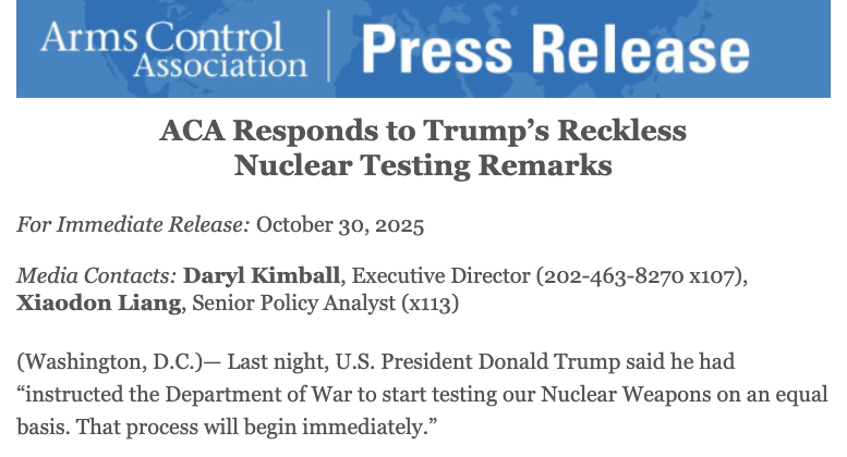 ArmsControlNow's tweet photo. 10/30 Press Release: ACA Responds to Trump's Reckless Nuclear Testing Remarks
Visit https://t.co/COfqV3qiyh for our statement, as well as a list of resources on the #ComprehensiveTestBanTreaty (CTBT), the effects of #nuclearweapons testing, and more. https://t.co/uxIugvKego