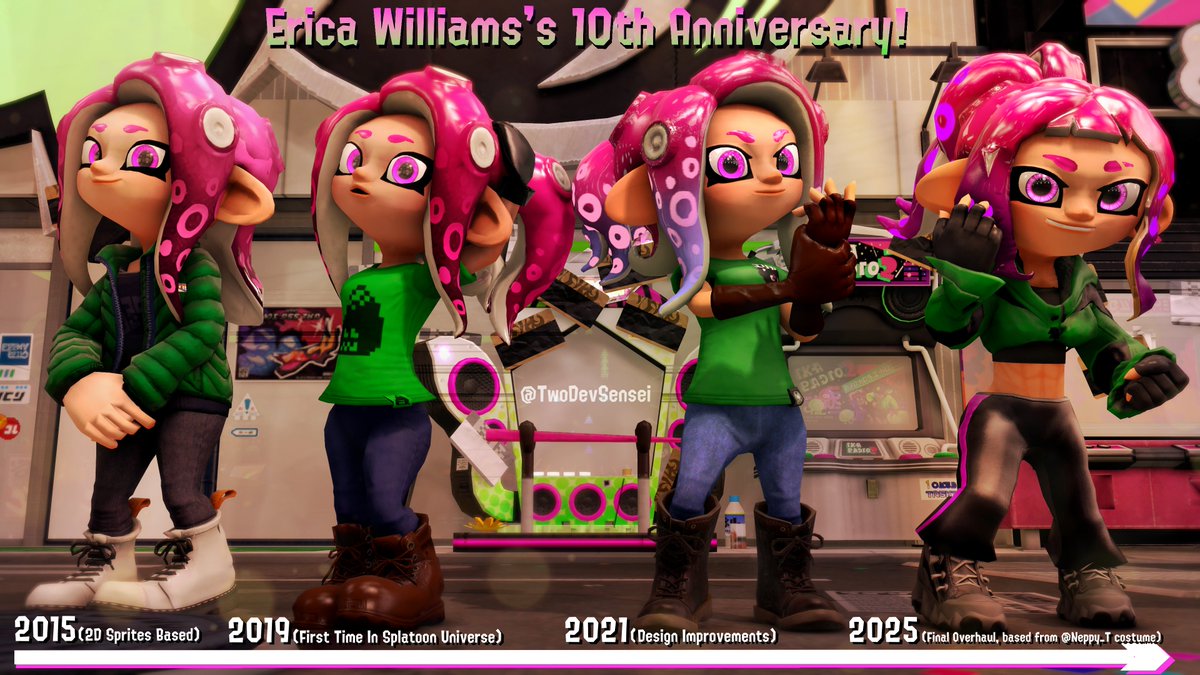 Exactly TEN years ago, one of my first and ever important OCs was created in my mind, Erica Williams! Happy birthday, may you still live forever! 🎂🎉🎊

#Splatoon3 #splatoonsfm #sfm