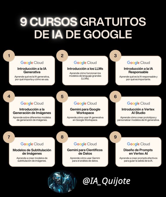 virginiog's tweet image. Interesante propuesta De Don Quijote IA de 9 cursos GRATUITOS de Google para dominar la IA, traducidos al español y con certificado final    

Desarrollar las habilidades relacionados con la IA es básico y Gemini (Google Studio) es una excelente herramienta