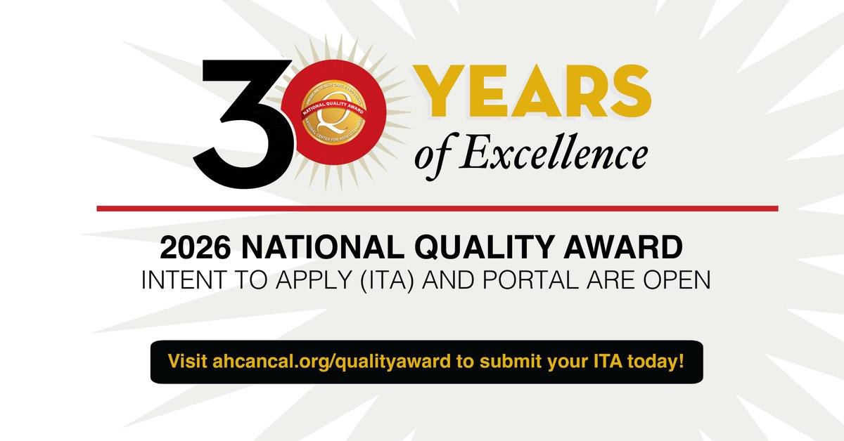 Big goals start with bold steps. The 2026 National Quality Award Intent to Apply is open! Whether you're aiming for Bronze, Silver, or Gold—start your journey today. ahcancal.org/qualityaward 

Complete the Bronze Award application from beginning to end with coaching support along