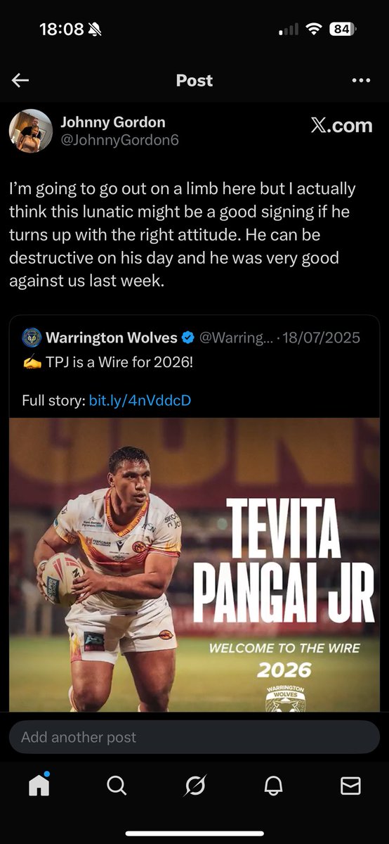 Good shout Johnny, you complete pillock. That serves me right for trying to be positive. Tevita Pangai Junior leaves the club before he even arrives. 🤣
