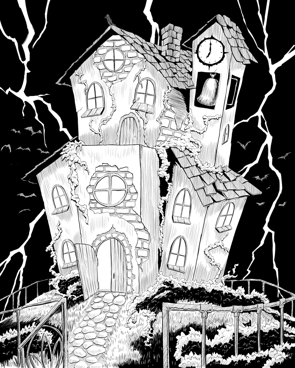 Inktober Day 30 Prompt: Vacant #inktober #inktober2025 #vacant #house #mansion #haunted #spookyvibes #lightning #darknight #digitalart #noAI