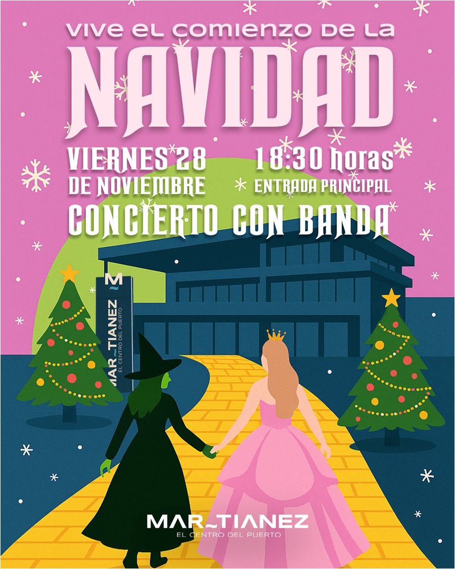 🤩🎄 En Martiánez damos la bienvenida a la Navidad con un toque de cuento. Este año, nuestra decoración y eventos se inspiran en el universo de Wicked, la historia que nos recuerda que no todo es blanco o negro… ¡y que la amistad y la magia pueden transformar el mundo! 🪄